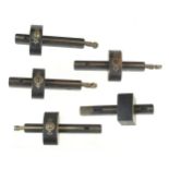 Five rosewood or ebony and brass mortice gauges, a few cracks G