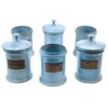 A set of six 19th century apothecary pottery jars with three covers.