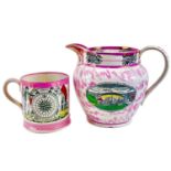 A large Victorian Sunderland pink lustre jug depicting the Cast Iron bridge over the Wear.