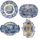 A John Rogers & Son oval blue and white dish printed rabbits grazing.