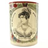 A Queen Caroline creamware commemorative mug.