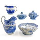 A blue and white Chinoiserie printed porcellanous jug,