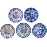 Five 19th century blue and white plates.