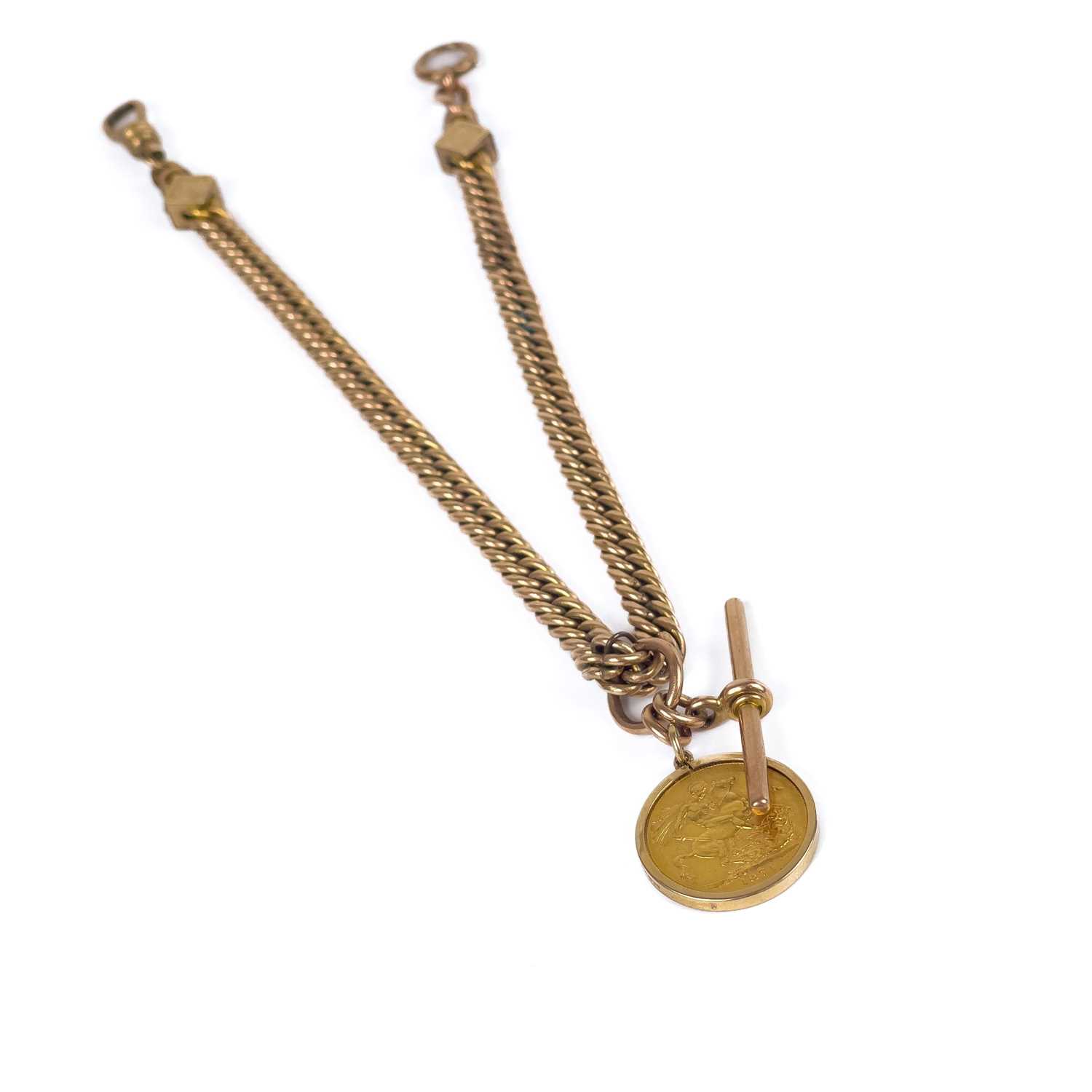 A 9ct rose gold and gold plated Albert watch chain with an 1871 sovereign 9ct mounted fob.