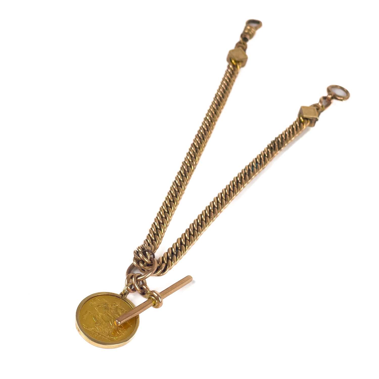 A 9ct rose gold and gold plated Albert watch chain with an 1871 sovereign 9ct mounted fob. - Image 3 of 5