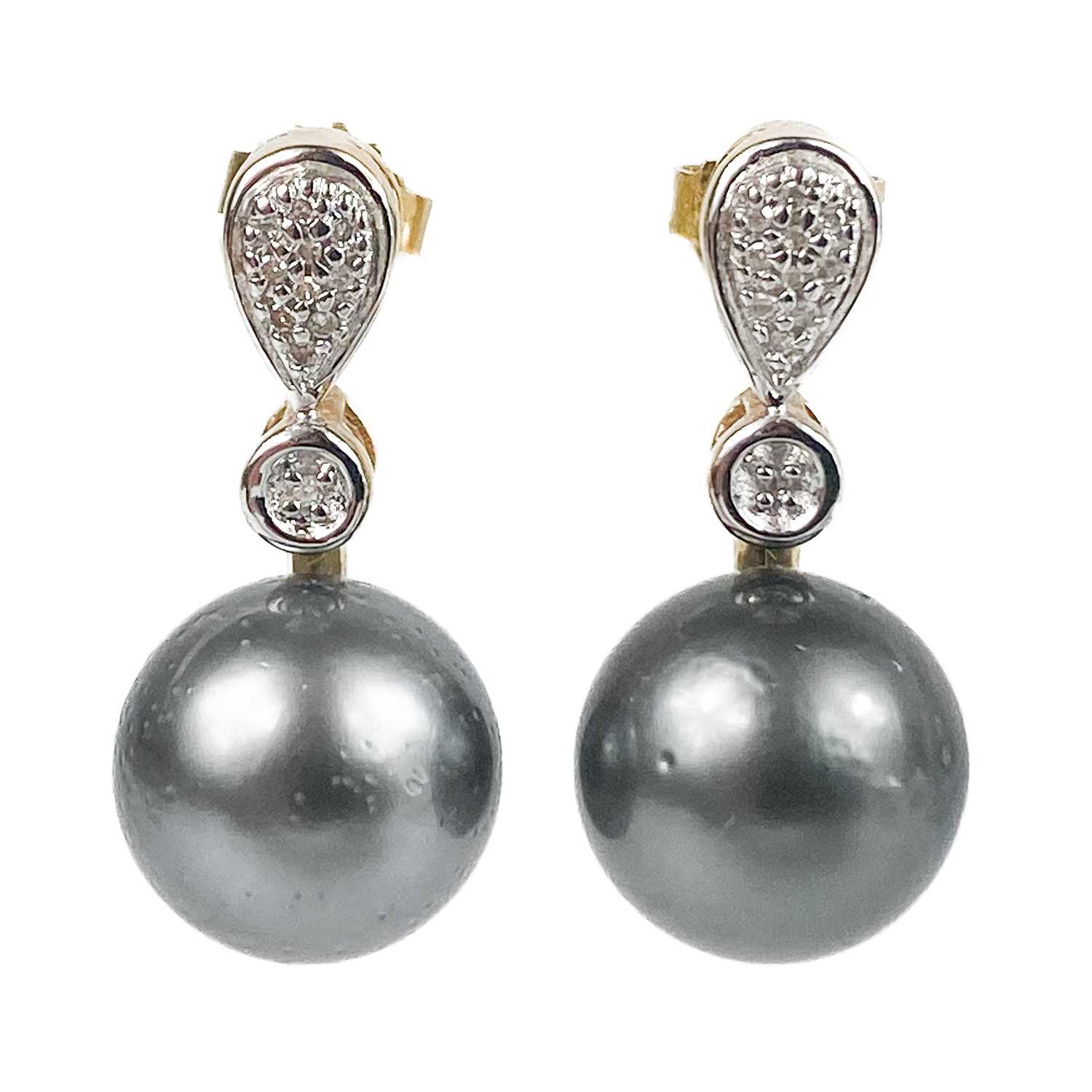 A pair of contemporary 10ct gold black pearl and diamond set stud pendant earrings, - Image 2 of 2