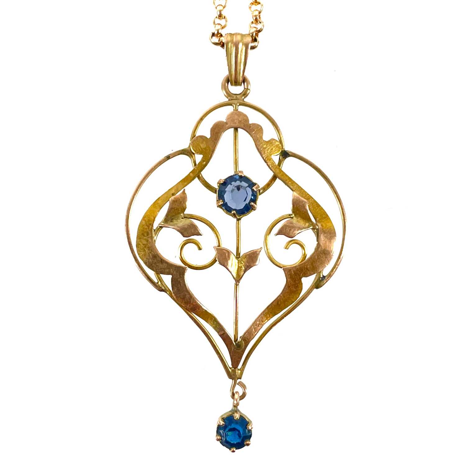 A 9ct gold Art Nouveau blue stone set pendant necklace. - Image 2 of 4