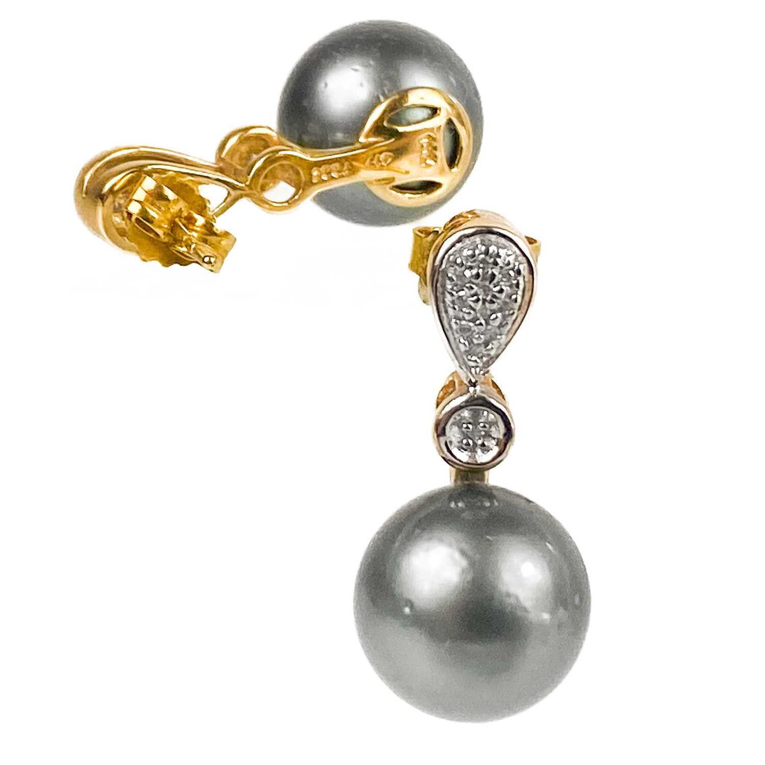 A pair of contemporary 10ct gold black pearl and diamond set stud pendant earrings,