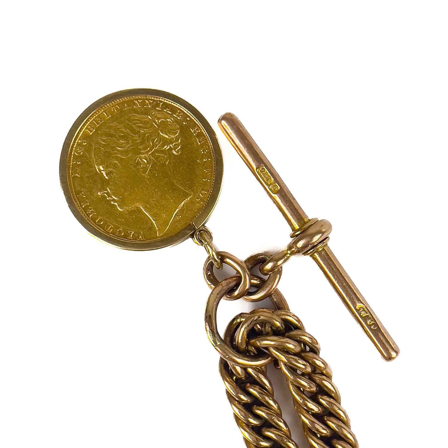 A 9ct rose gold and gold plated Albert watch chain with an 1871 sovereign 9ct mounted fob. - Image 2 of 5