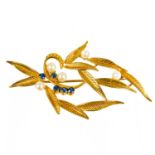 A 1960's 9ct gold pearl and blue stone set foliate spray brooch.