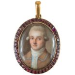 A Georgian rose gold garnet set portrait miniature pendant.