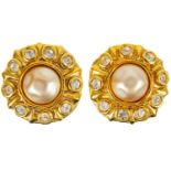 A Chanel pair of 1980's faux pearl and crystal set clip earrings.