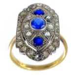 A stylish Art Deco period 18ct yellow and white gold diamond and sapphire panel ring.