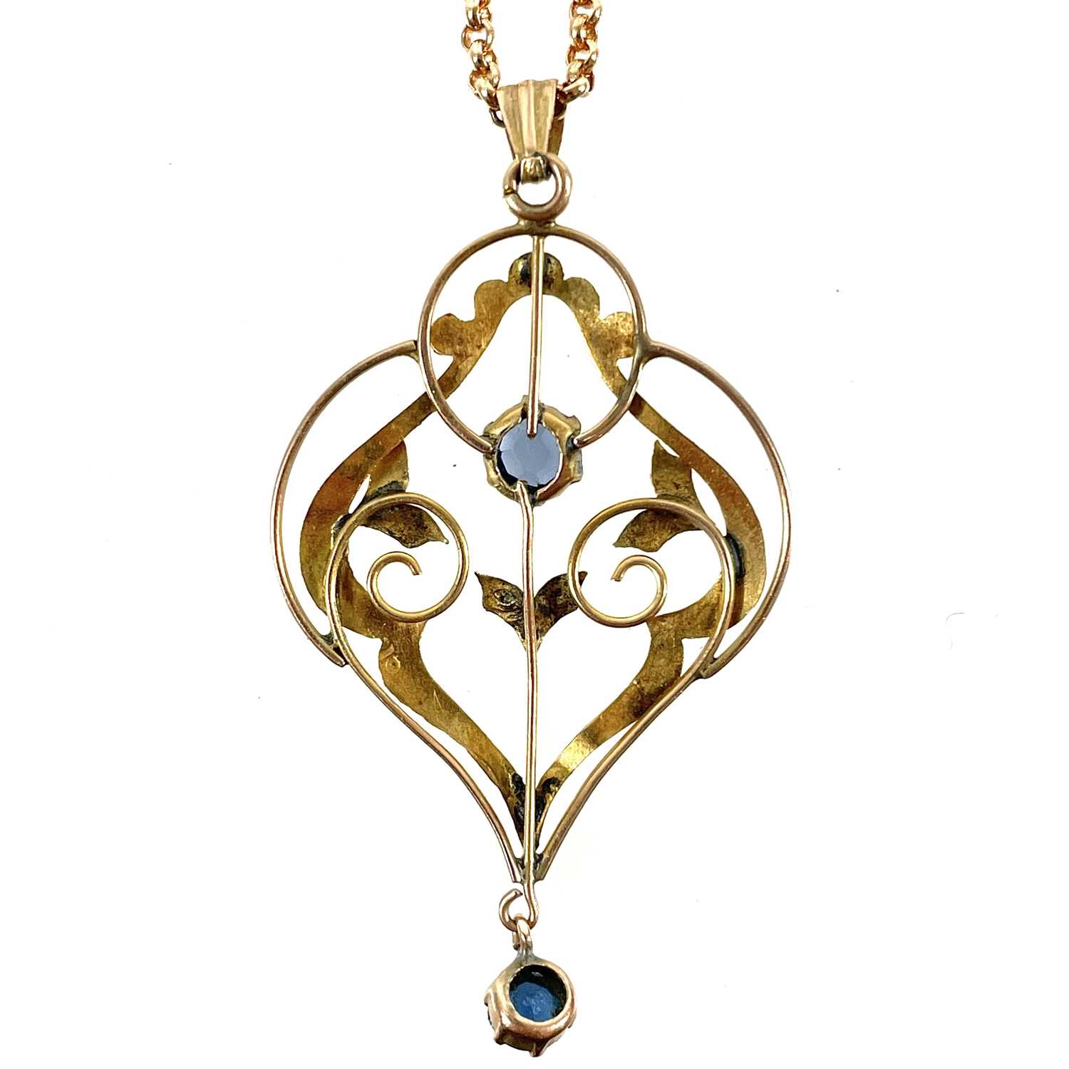 A 9ct gold Art Nouveau blue stone set pendant necklace. - Image 3 of 4