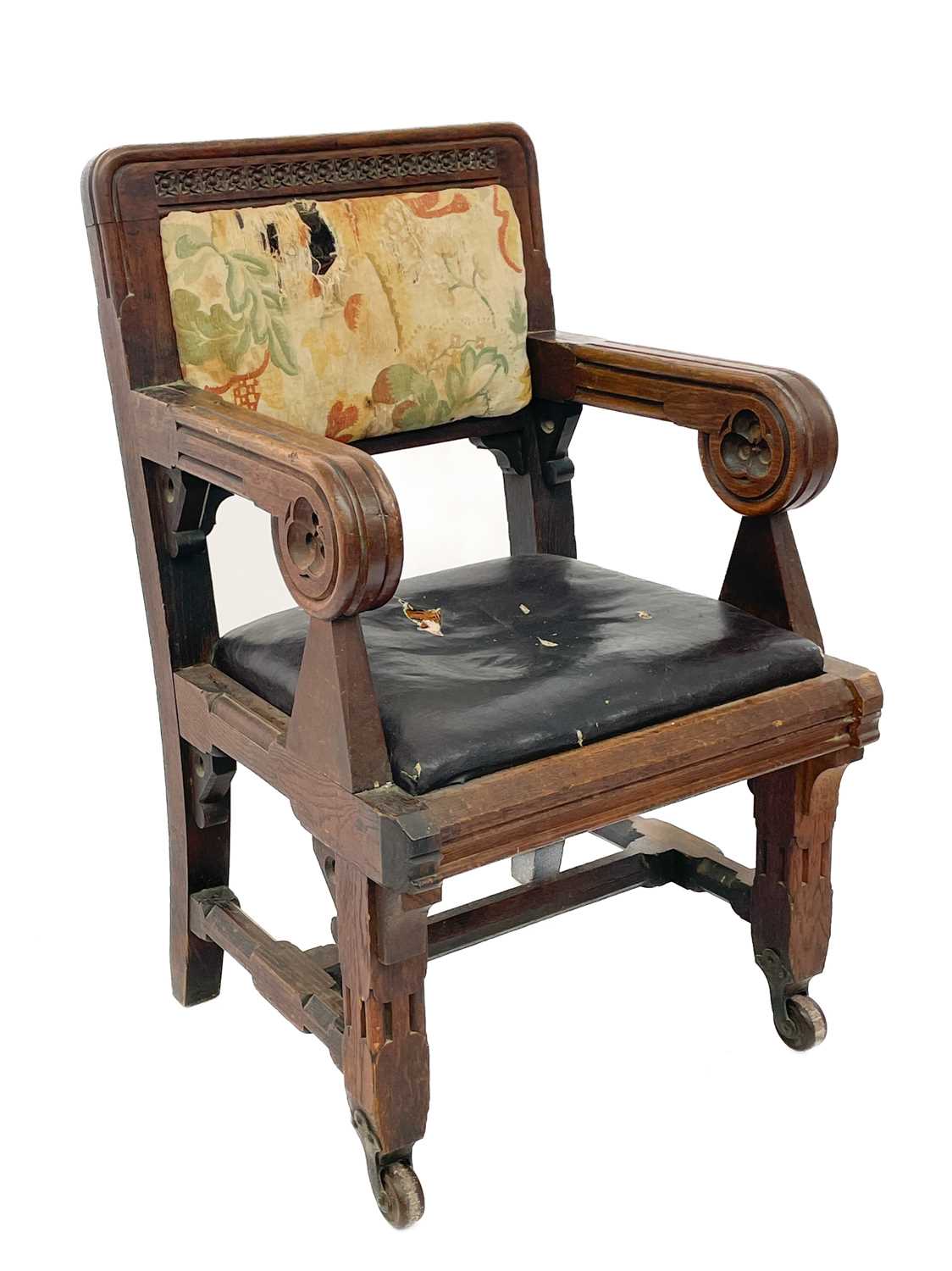 An oak Gothic revival armchair, in the Pugin taste.