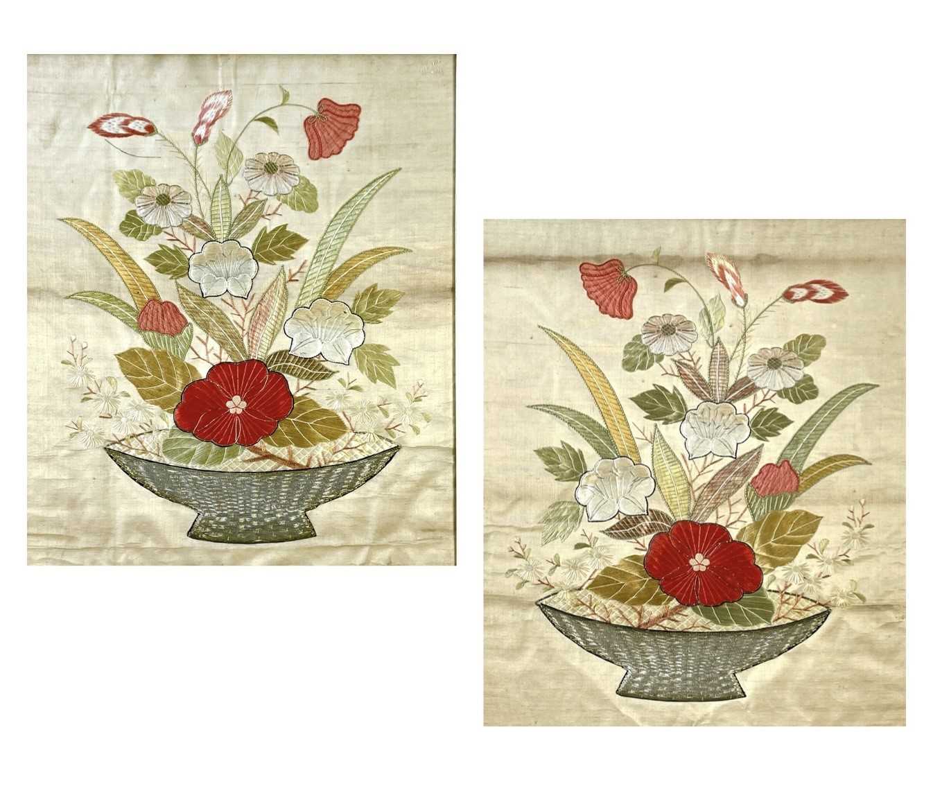 A pair of embroidered silk work pictures.
