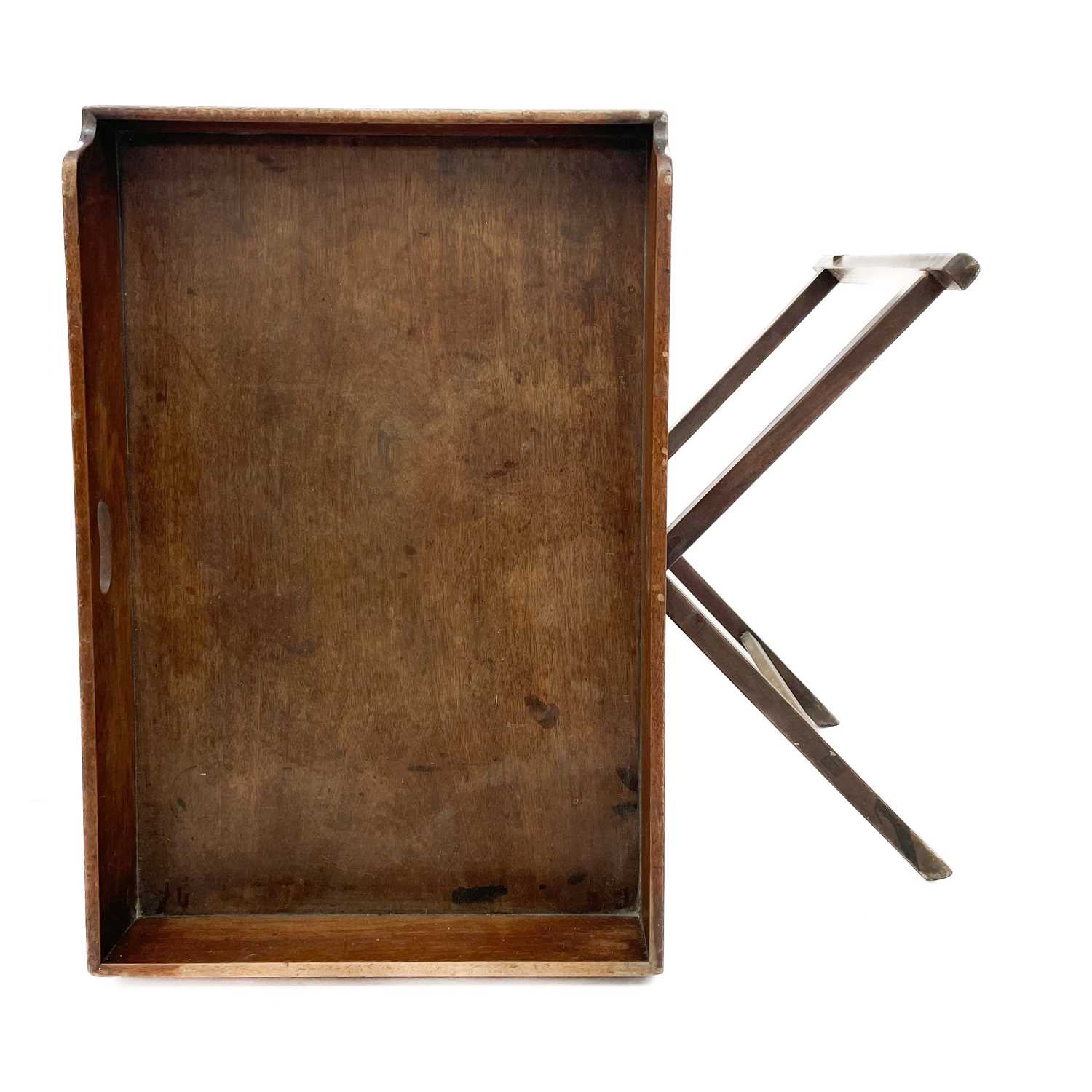 A Victorian mahogany butlers tray with folding stand. - Image 3 of 4