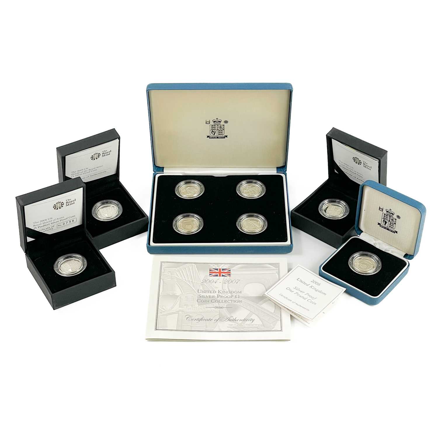 UK Silver Proof £1 Coins 2006 to 2009 (8 coins) in Royal Mint Coin Cases.