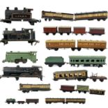 0 Gauge Tinplate Wagons, Carriages & Incomplete Locomotive.