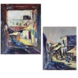 Two Bombay Street Scenes, oil on panel, indistinctly signed.