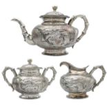 A Chinese silver three-piece tea service, late 19th century.