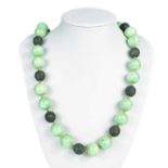 A Chinese cloisonne and green speckled jadeite bead necklace.
