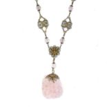 A Chinese rose quartz and gilt metal necklace.