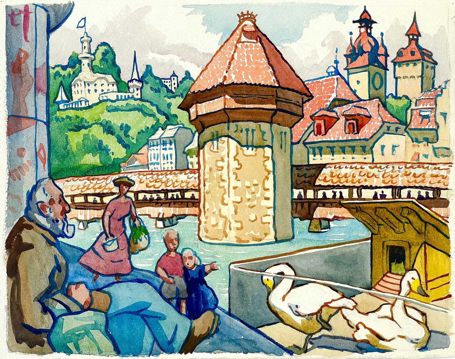 Clare WHITE (1903-1997) Pipe and swans, Lucerne bridge