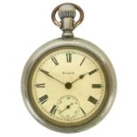 An Elgin open face crown wind pocket watch in a silver plated case.