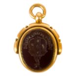 A Victorian 18ct gold carnelian and blood stone set swivel fob.