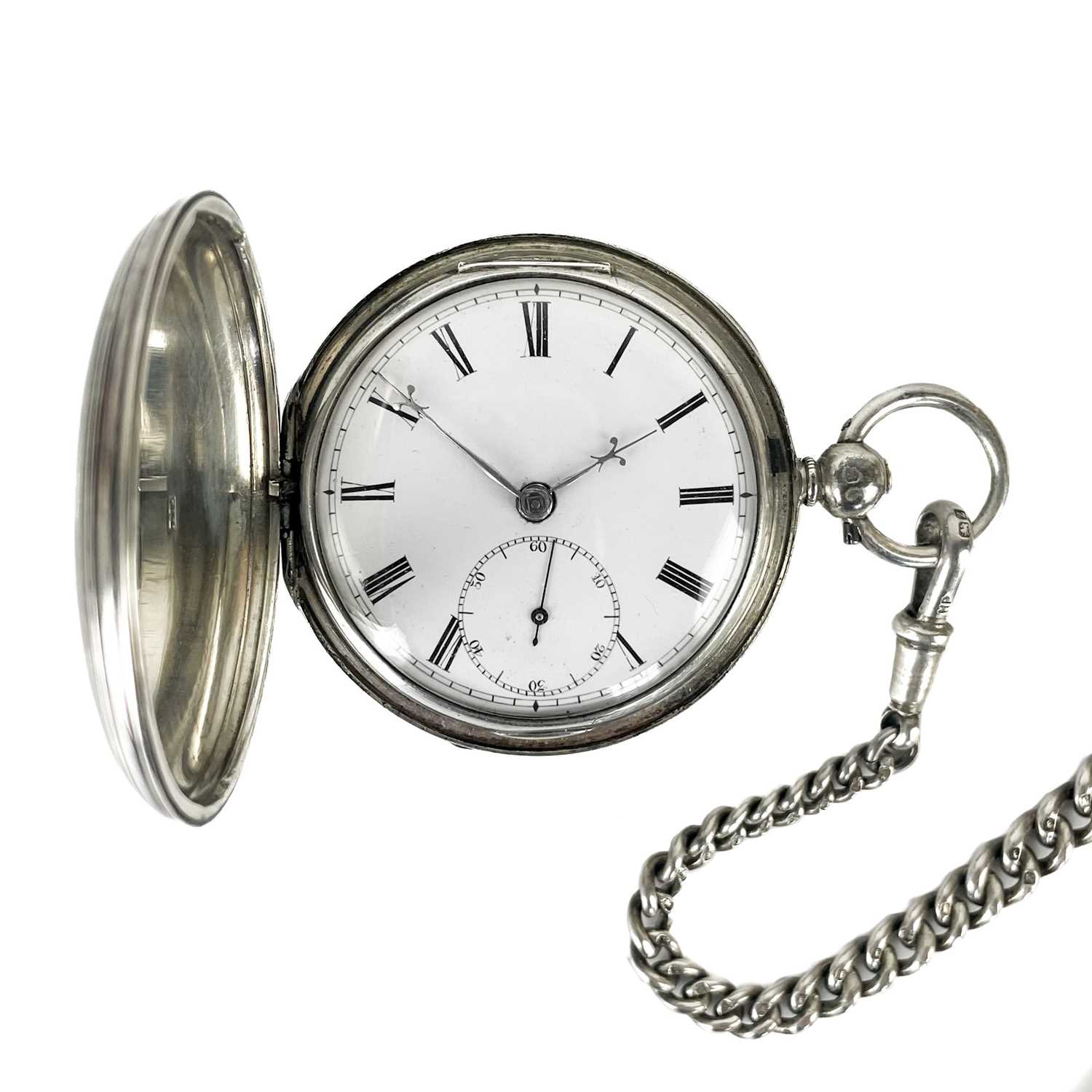 A Victorian silver cased full hunter key wind pocket watch with Albert watch chain.