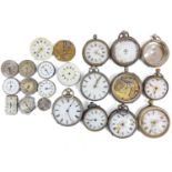 A collection of fob watches, wrist watches and movements for spare or repairs.