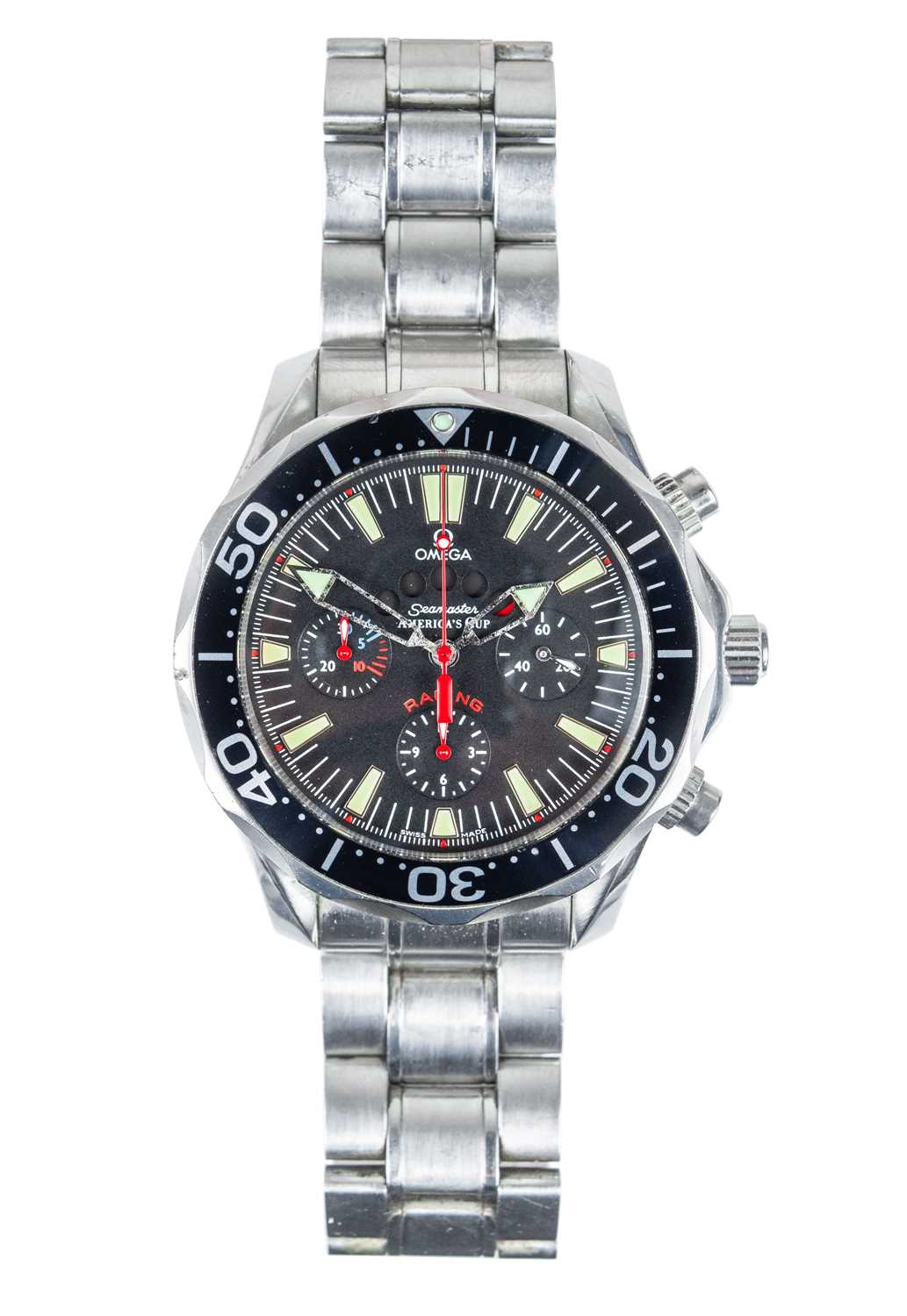 An Omega Seamaster America's cup RACING automatic chronometer stainless steel bracelet wristwatch.