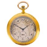 An 18ct gold cased Art Deco open face crown wind dress pocket watch.