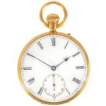 A Victorian 18ct gold open face crown wind lever pocket watch by P. Jacob of Falmouth.