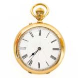An 18ct gold open face crown wind fob pocket watch in a silver mounted travel case.