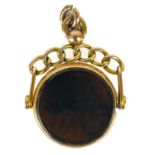 An Edwardian 9ct gold bloodstone and possibly jasper set swivel fob.