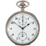 A silver cased chronograph centre seconds crown wind lever pocket watch.
