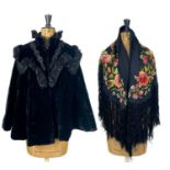 Victorian velvet mourning cape with jet stone embroidery.