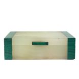 A malachite banded Art Deco white marble cigarette box.