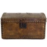 A studded hide and leather small dome top trunk by J Evans, Bristol.