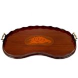 An Edwardian mahogany and shell inlaid kidney shape tray.