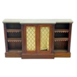 A Regency style mahogany breakfront low bookcase cabinet.