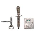 A Peruvian 925 silver letter opener, corkscrew and compact.