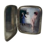 A good continental silver plated and enamel erotic cigarette case.