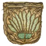 An 18th century silk reticule decorated with metal thread embroidery,