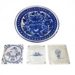 A Delft blue and white tile, painted with a merchant in a boat.