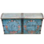 A Swedish blue painted dome top oak marriage trunk.