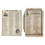 Two ballad broadsheets printed by Woolcock, General and Commercial Printer, Helston, c1850.