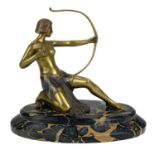 An Art Deco bronze figure of Diana on black marble base.